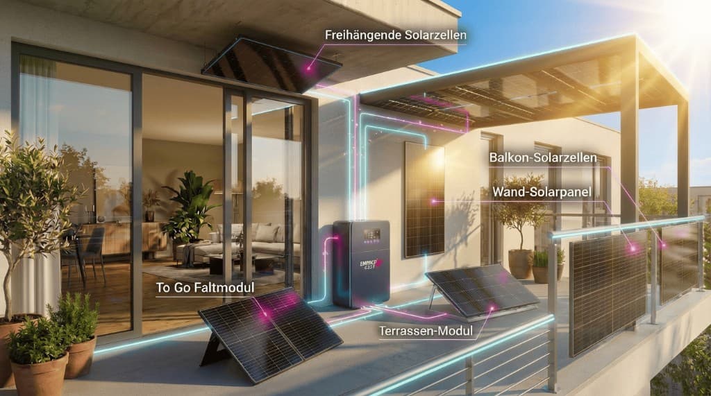 Balkon mit Solaranlage: Freihängende Zellen, Balkon-Glas, Wand-Panel, Terrasse und faltbares To-Go-Modul