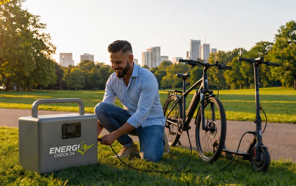 Eco-Mini-Station mit E-Scootern im Park – mobile Energie für unterwegs