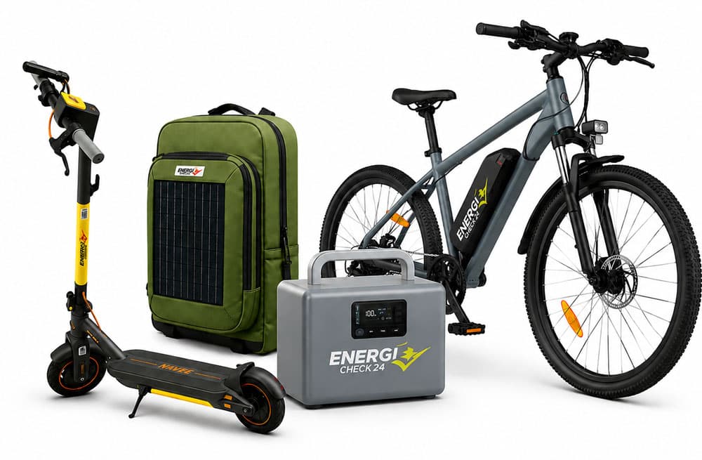 Eco-Mini-Station Ökosystem: E-Scooter, Solar-Rucksack, Power Station und Mountainbike