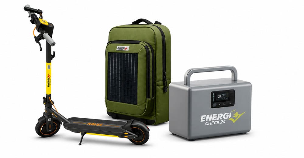 E-Mobilitäts-Paket: E-Scooter, Solar-Rucksack und mobile Powerstation